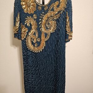 NWT. Vintage Lawrence Kazar Teal Dress with Gold Embellishments